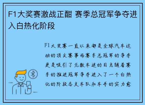 F1大奖赛激战正酣 赛季总冠军争夺进入白热化阶段